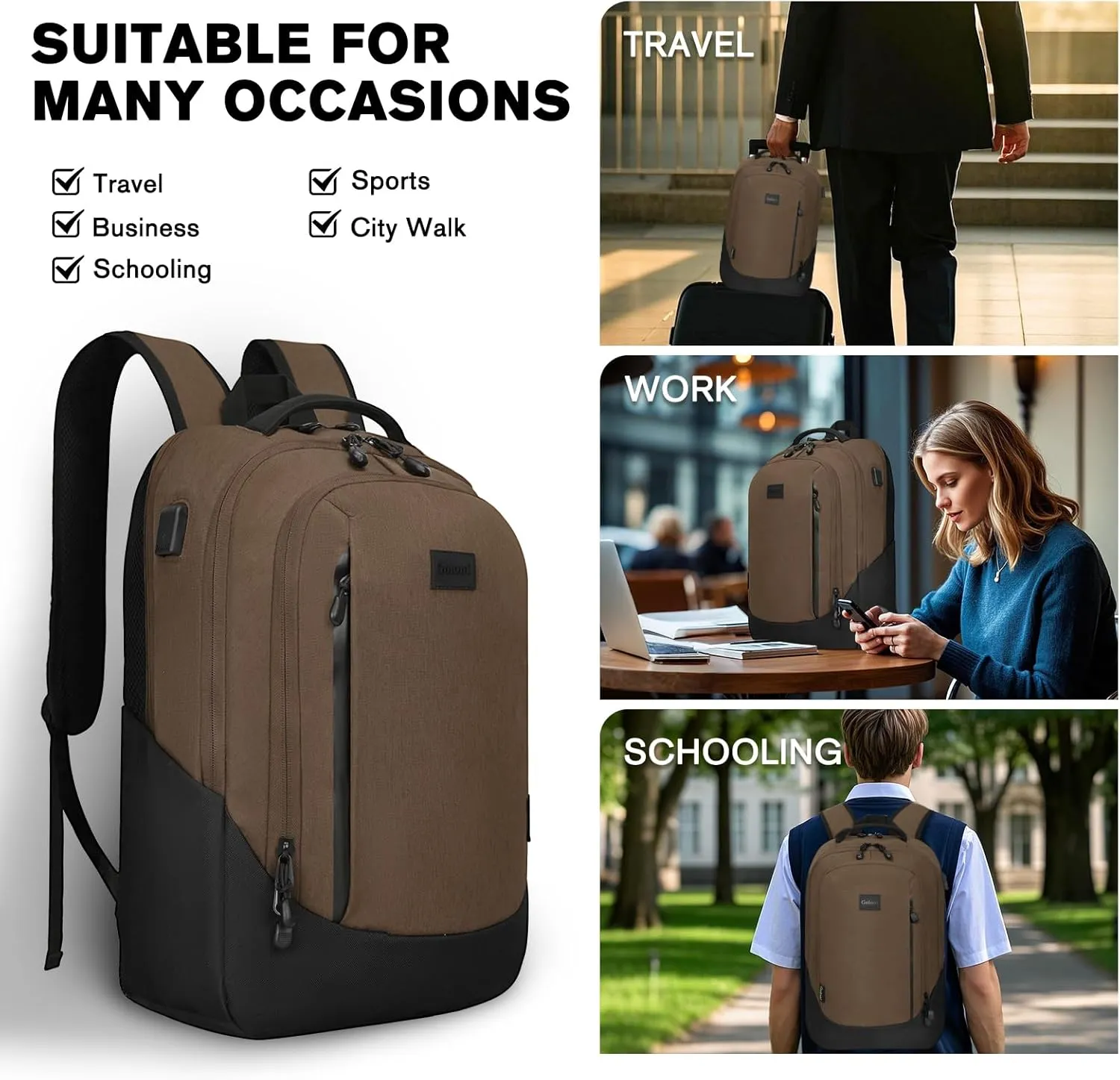 Goloni Multi-functional Travel Backpack, Large Capacity for Men Women Waterproof Business Work Bag, College Laptop Backpack with USB Charging Port, Suitable for 17-inch Computers