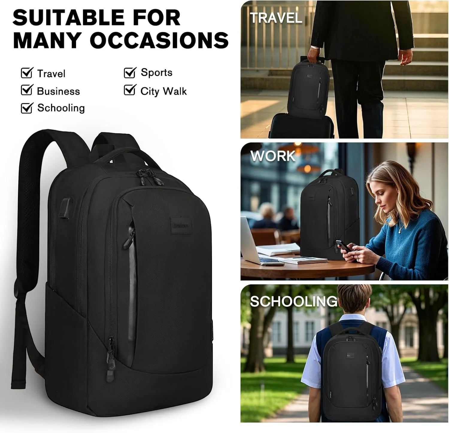 Goloni Multi-functional Travel Backpack, Large Capacity for Men Women Waterproof Business Work Bag, College Laptop Backpack with USB Charging Port, Suitable for 17-inch Computers