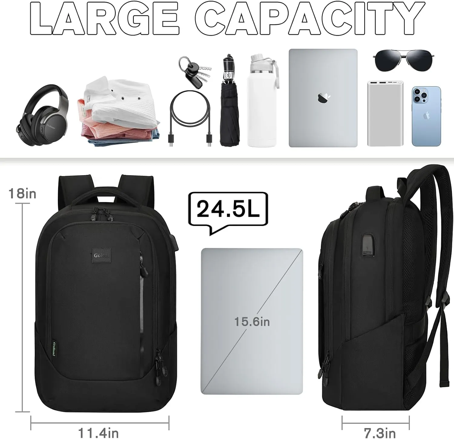 Goloni Multi-functional Travel Backpack, Large Capacity for Men Women Waterproof Business Work Bag, College Laptop Backpack with USB Charging Port, Suitable for 17-inch Computers