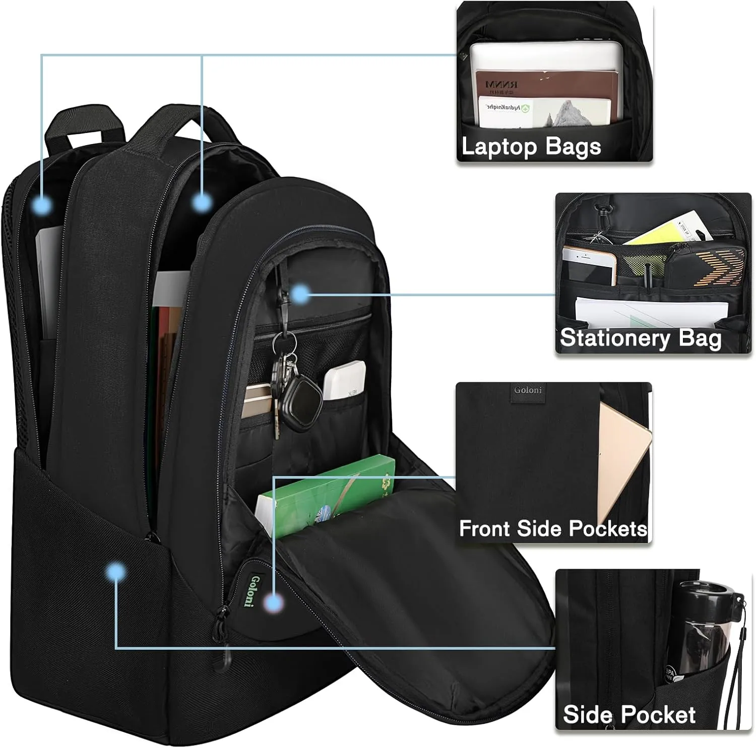 Goloni Multi-functional Travel Backpack, Large Capacity for Men Women Waterproof Business Work Bag, College Laptop Backpack with USB Charging Port, Suitable for 17-inch Computers
