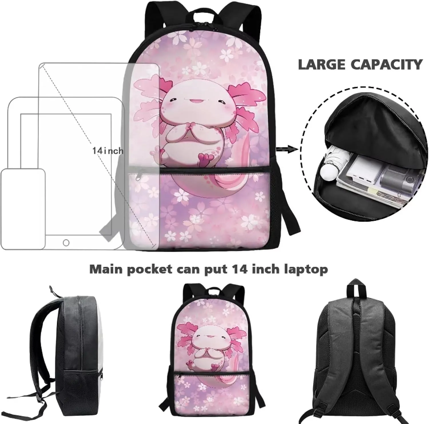 Gomyblomy 17 Inch Axolotl Backpack for Girls 6-8 8-10 Kawaii Elementary School Bookbag for Girls Large Capacity Kids School Bag with Adjustable Strap for Primary Kindergarten
