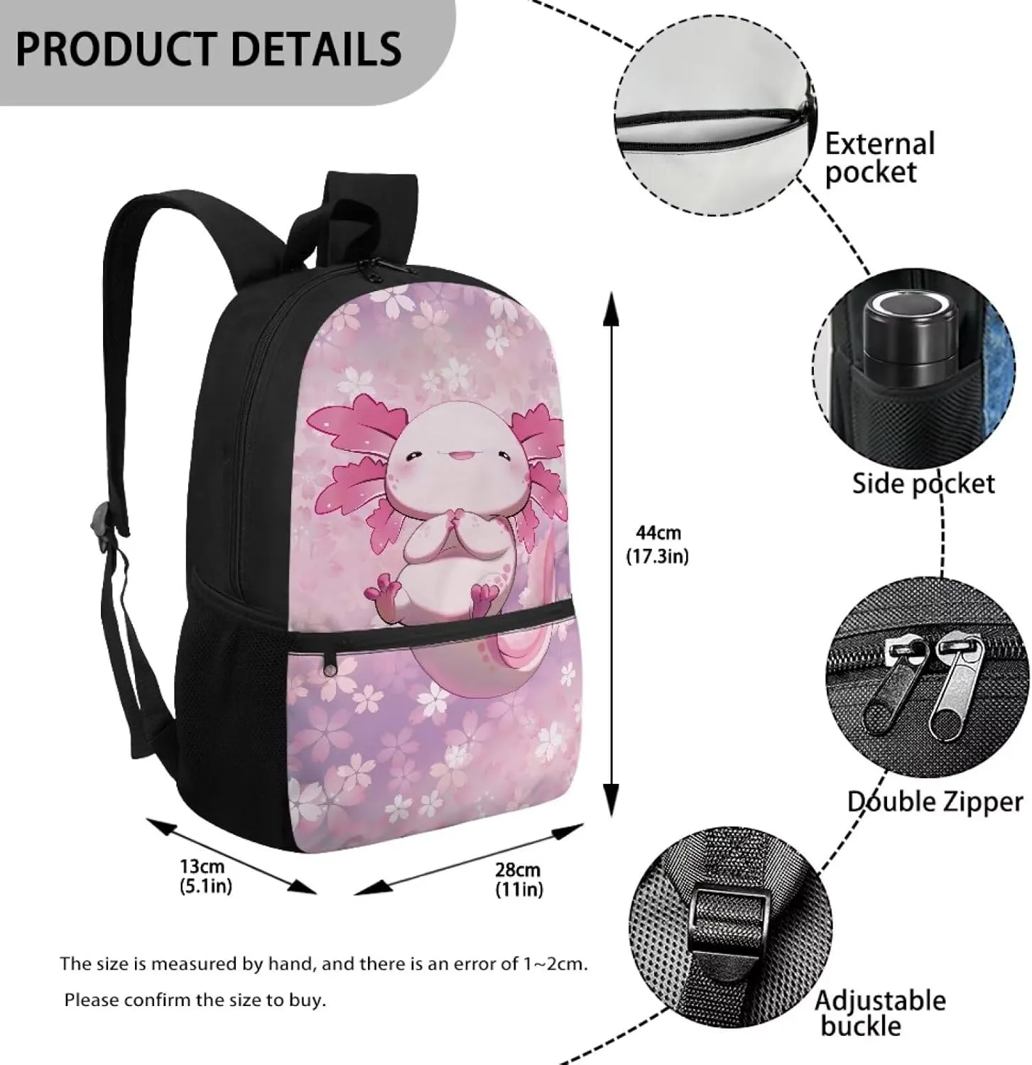 Gomyblomy 17 Inch Axolotl Backpack for Girls 6-8 8-10 Kawaii Elementary School Bookbag for Girls Large Capacity Kids School Bag with Adjustable Strap for Primary Kindergarten