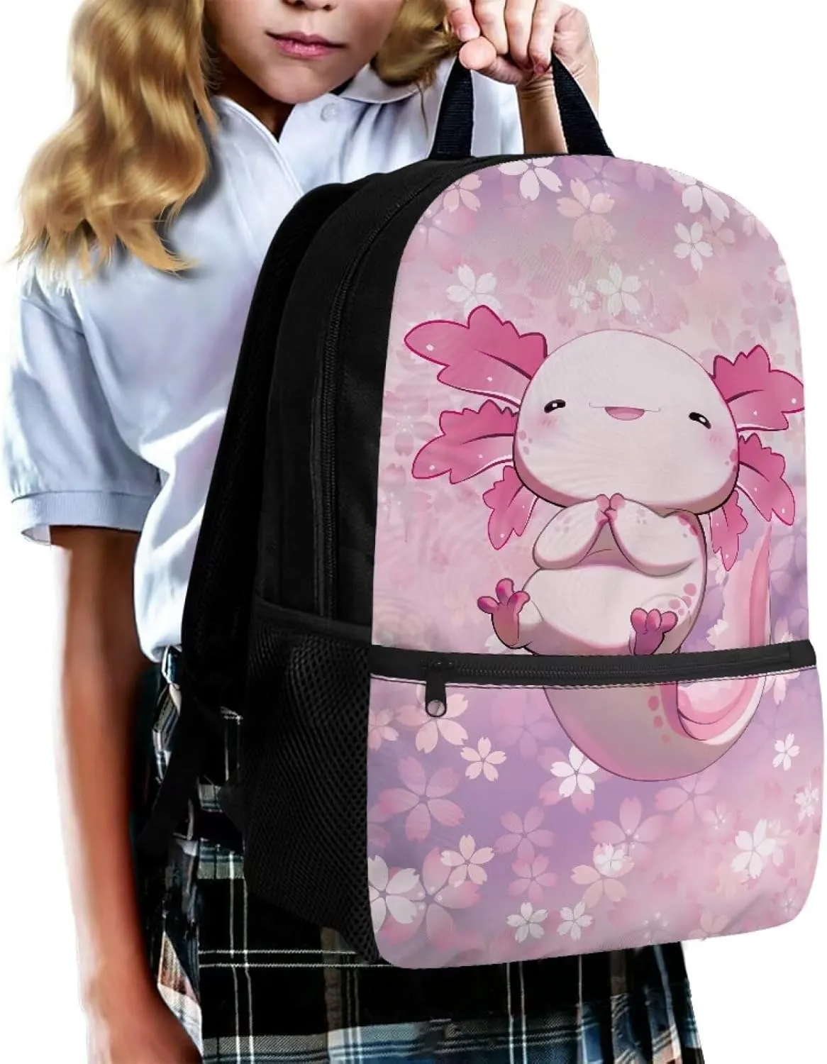 Gomyblomy 17 Inch Axolotl Backpack for Girls 6-8 8-10 Kawaii Elementary School Bookbag for Girls Large Capacity Kids School Bag with Adjustable Strap for Primary Kindergarten