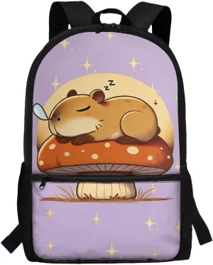 Gomyblomy Purple Mushroom Capybara Backpack for Girls 6-8 Elementary School Bag for Girls Kids Bookbag for Kindergarten Primary Schoolbag with Pockets Travel Satchel Rucksack
