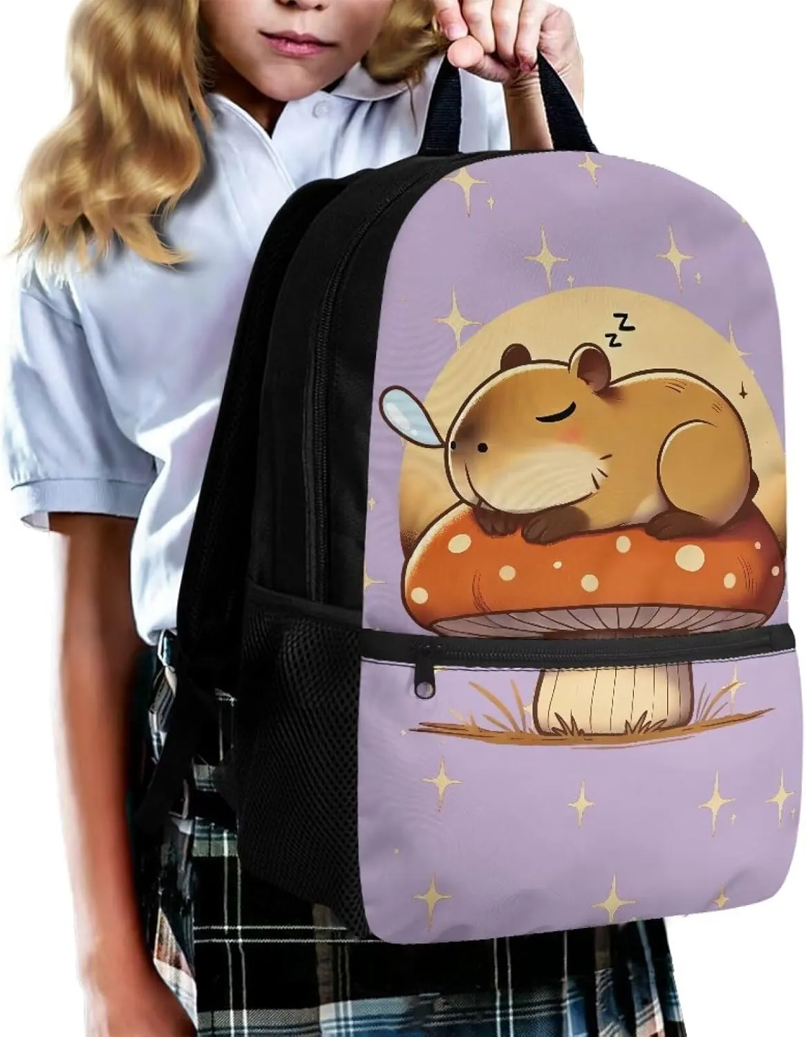 Gomyblomy Purple Mushroom Capybara Backpack for Girls 6-8 Elementary School Bag for Girls Kids Bookbag for Kindergarten Primary Schoolbag with Pockets Travel Satchel Rucksack