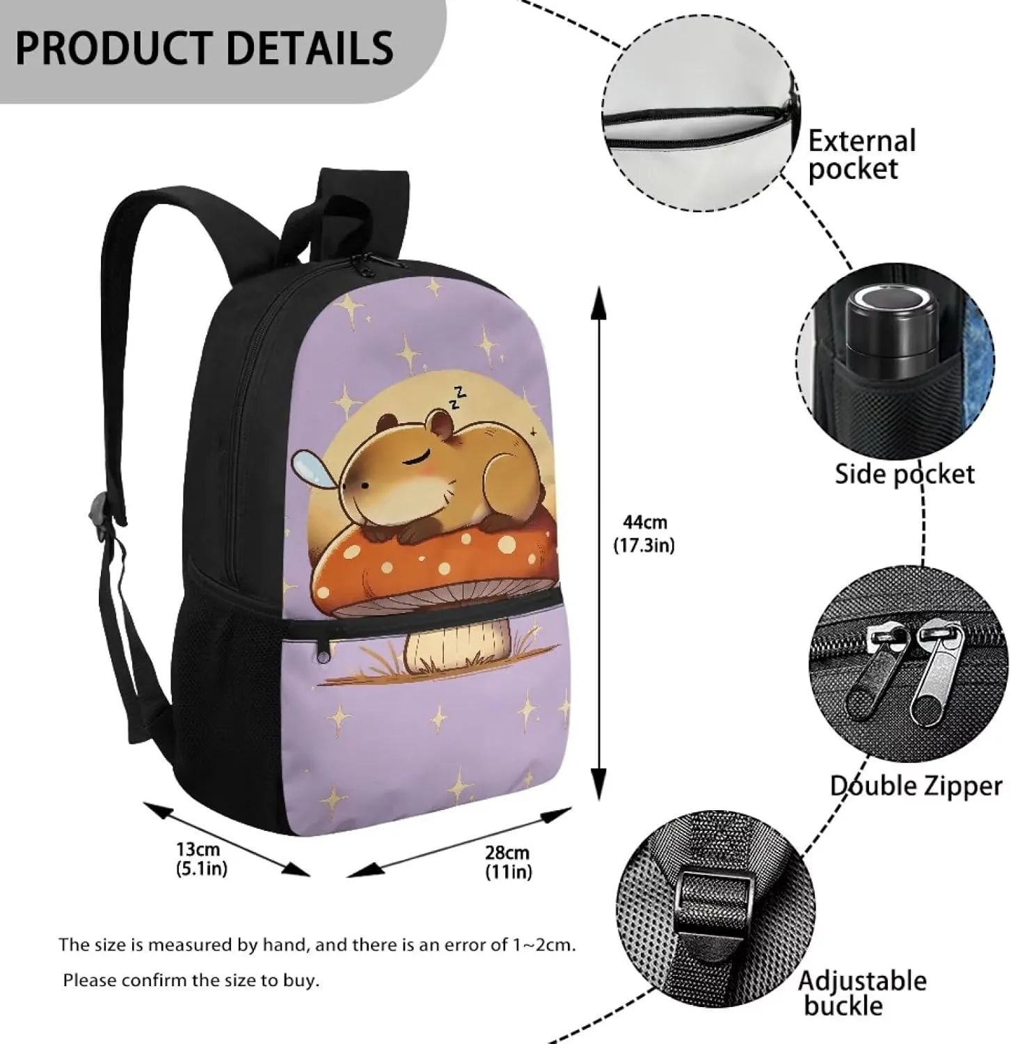 Gomyblomy Purple Mushroom Capybara Backpack for Girls 6-8 Elementary School Bag for Girls Kids Bookbag for Kindergarten Primary Schoolbag with Pockets Travel Satchel Rucksack