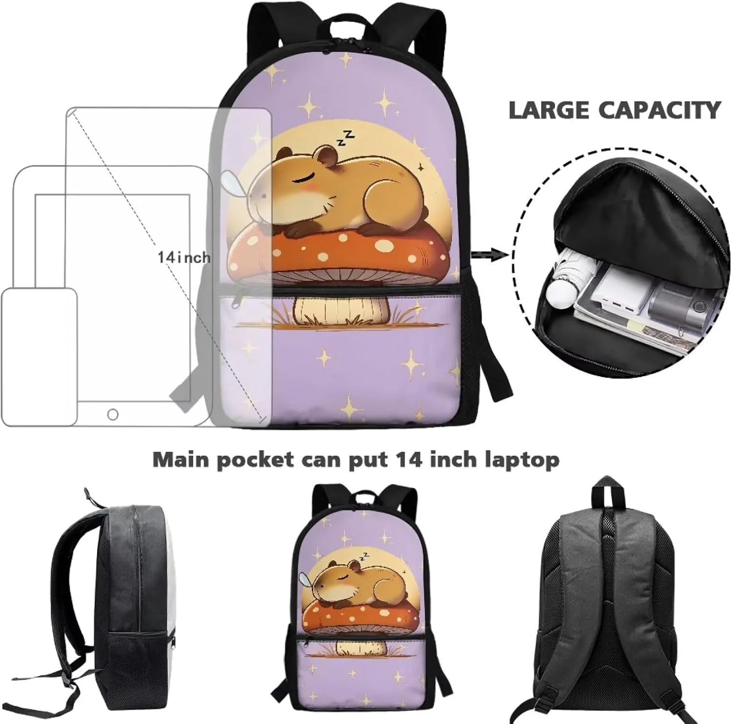 Gomyblomy Purple Mushroom Capybara Backpack for Girls 6-8 Elementary School Bag for Girls Kids Bookbag for Kindergarten Primary Schoolbag with Pockets Travel Satchel Rucksack