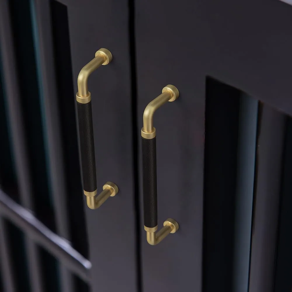 Goo-Ki 5 Inches Exquisite Elegance: Brushed Brass Cabinet Knobs with Black Leather Accents - Luxury Drawer Pulls for Sophisticated Décor