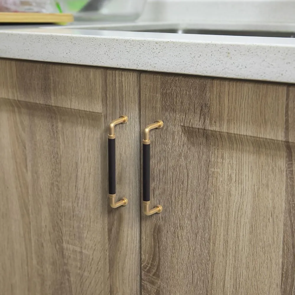 Goo-Ki 5 Inches Exquisite Elegance: Brushed Brass Cabinet Knobs with Black Leather Accents - Luxury Drawer Pulls for Sophisticated Décor