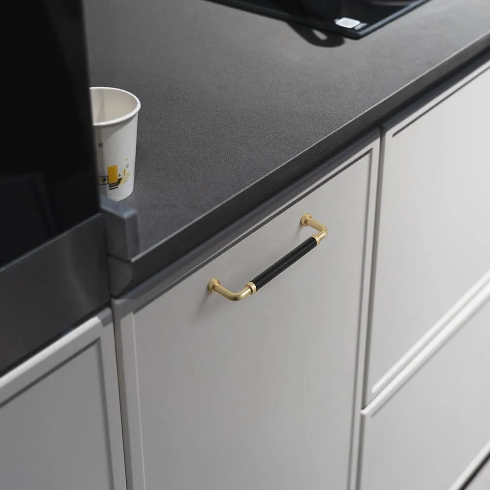 Goo-Ki 5 Inches Exquisite Elegance: Brushed Brass Cabinet Knobs with Black Leather Accents - Luxury Drawer Pulls for Sophisticated Décor