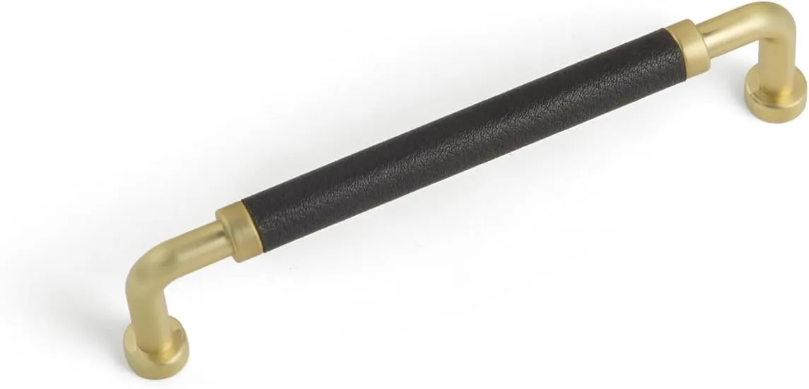 Goo-Ki 5 Inches Exquisite Elegance: Brushed Brass Cabinet Knobs with Black Leather Accents - Luxury Drawer Pulls for Sophisticated Décor