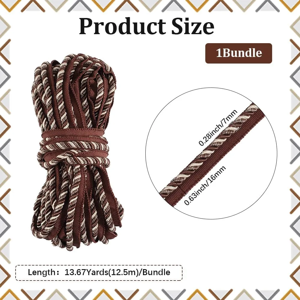GORGECRAFT 13.67 Yards Twisted Braid Cord 5/8" Wide Polyester Woven Upholstery Basic Trim Decorative Fabric Piping Cording Ribbon for Sewing Crafting Costume DIY Home Curtain Decoration Coconut Brown
