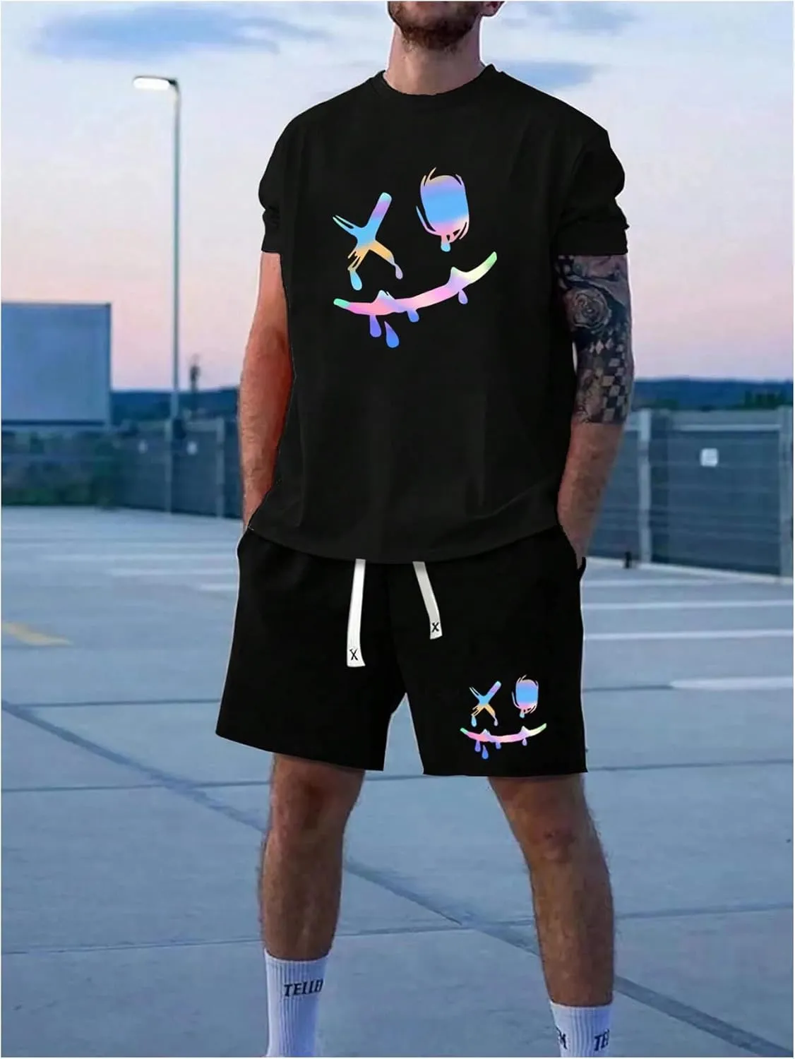 GORGLITTER Men's 2 Piece Outfits Reflective Shorts Sleeve T Shirt and Shorts Sets Drippy Clothes Rave Outfits