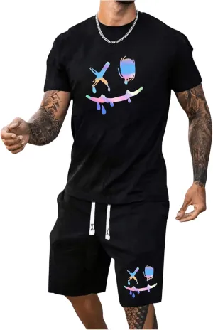 GORGLITTER Men's 2 Piece Outfits Reflective Shorts Sleeve T Shirt and Shorts Sets Drippy Clothes Rave Outfits