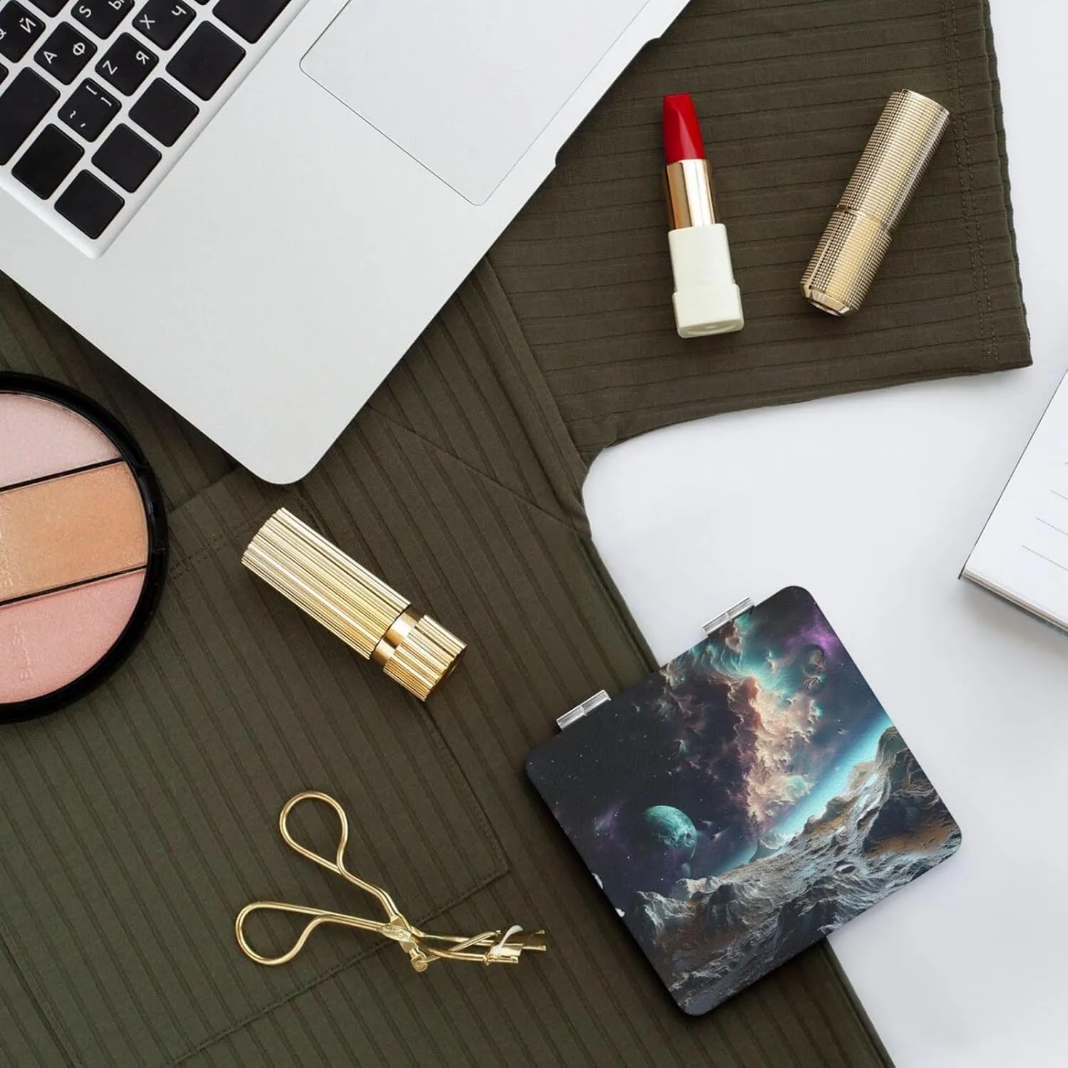 Graphics Universe Space Printed Square Pocket Makeup Mirror with 1X/2X Magnification, Portable Mini Travel Makeup Mirror for Travel Daily Work Beauty