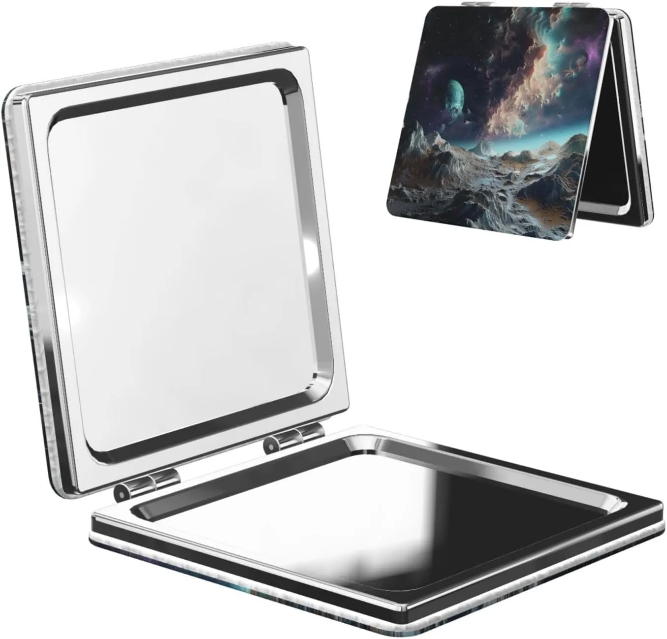 Graphics Universe Space Printed Square Pocket Makeup Mirror with 1X/2X Magnification, Portable Mini Travel Makeup Mirror for Travel Daily Work Beauty