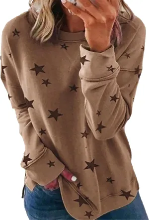 GRASWE Womens Casual Lightweight Sweatshirts Star Print Side Split Pullover Fashion Long Sleeve Tops