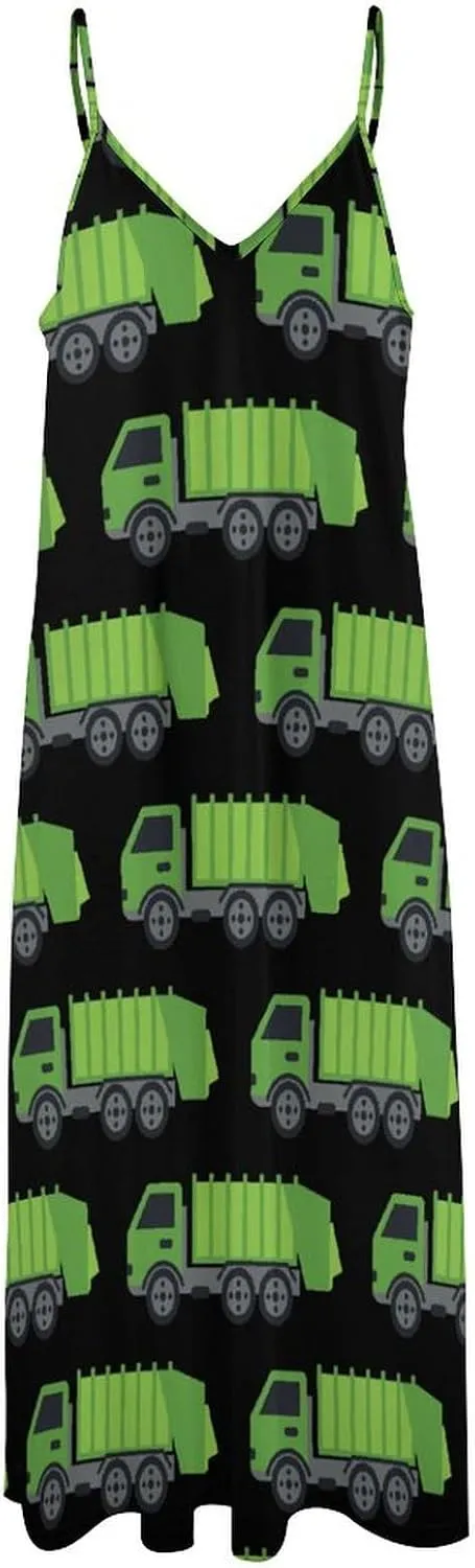 Green Garbage Truck Maxi Dress for Women Summer Casual Sleeveless V Neck Spaghetti Dresses