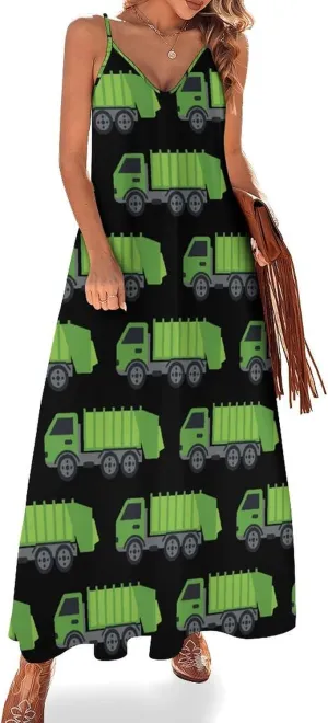 Green Garbage Truck Maxi Dress for Women Summer Casual Sleeveless V Neck Spaghetti Dresses