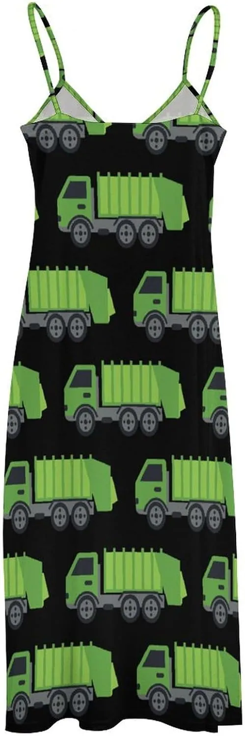 Green Garbage Truck Maxi Dress for Women Summer Casual Sleeveless V Neck Spaghetti Dresses