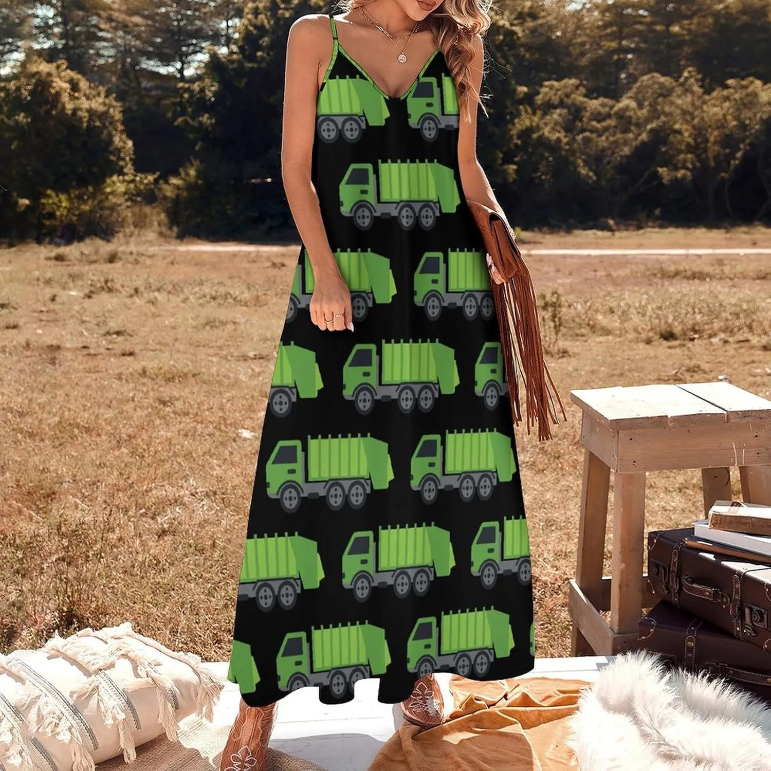 Green Garbage Truck Maxi Dress for Women Summer Casual Sleeveless V Neck Spaghetti Dresses