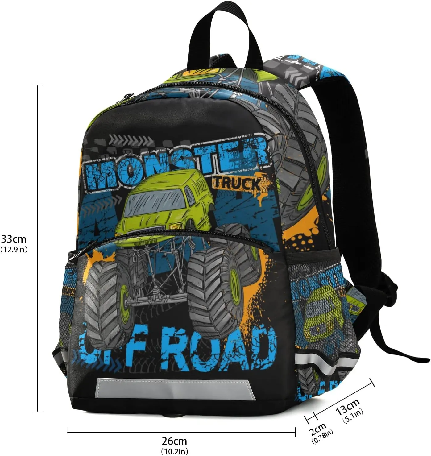 Green Monster Truck Kids Toddler Backpack for Boys Girls, Children Bag Preschool Bookbag with Chest Strap for Daycare Kindergarten Travel