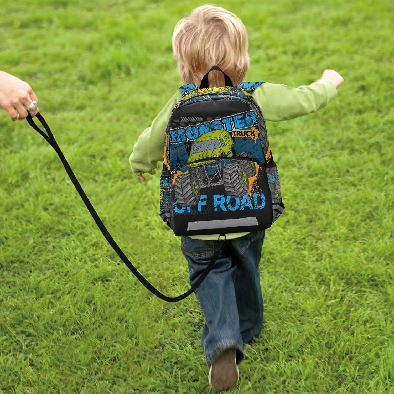 Green Monster Truck Kids Toddler Backpack for Boys Girls, Children Bag Preschool Bookbag with Chest Strap for Daycare Kindergarten Travel