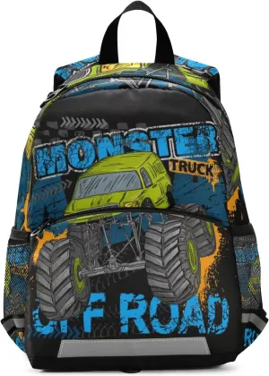 Green Monster Truck Kids Toddler Backpack for Boys Girls, Children Bag Preschool Bookbag with Chest Strap for Daycare Kindergarten Travel