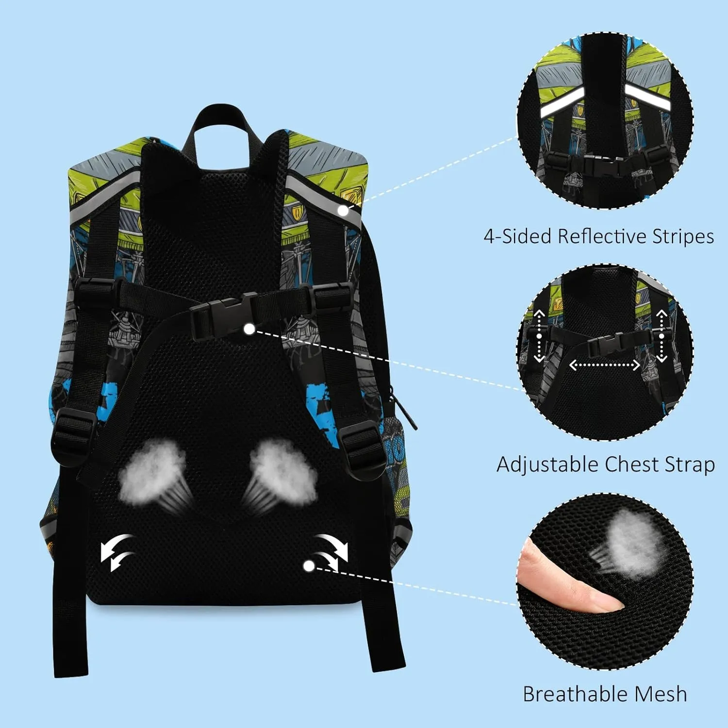 Green Monster Truck Kids Toddler Backpack for Boys Girls, Children Bag Preschool Bookbag with Chest Strap for Daycare Kindergarten Travel