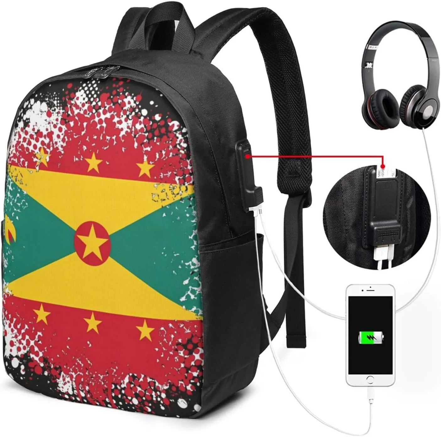 Grenada Flag Travel Backpack 17-Inch Laptop Backpacks Business Rucksack Casual Sport Daypack with USB Charging Port Carry-on Bag for Camping Biking
