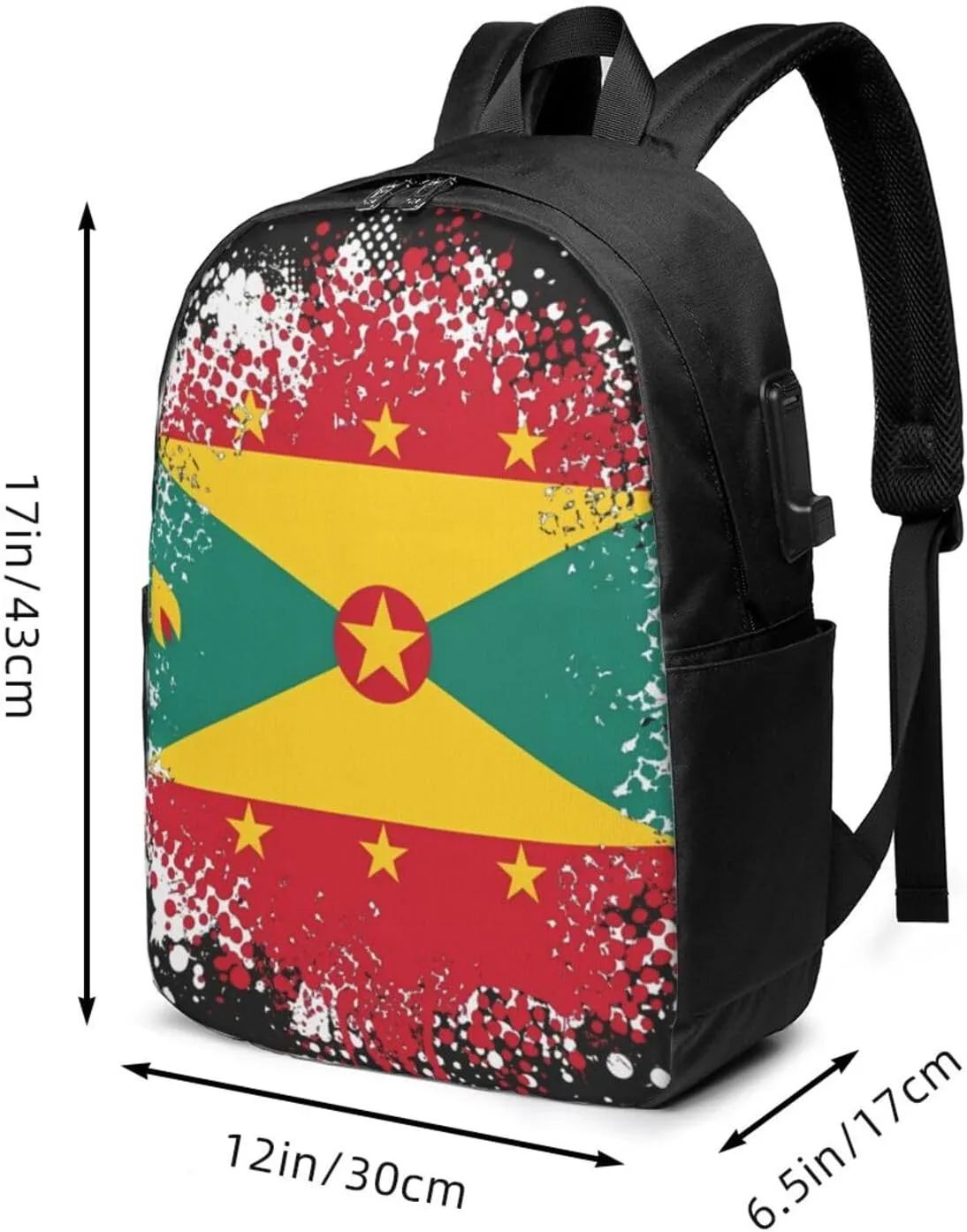 Grenada Flag Travel Backpack 17-Inch Laptop Backpacks Business Rucksack Casual Sport Daypack with USB Charging Port Carry-on Bag for Camping Biking