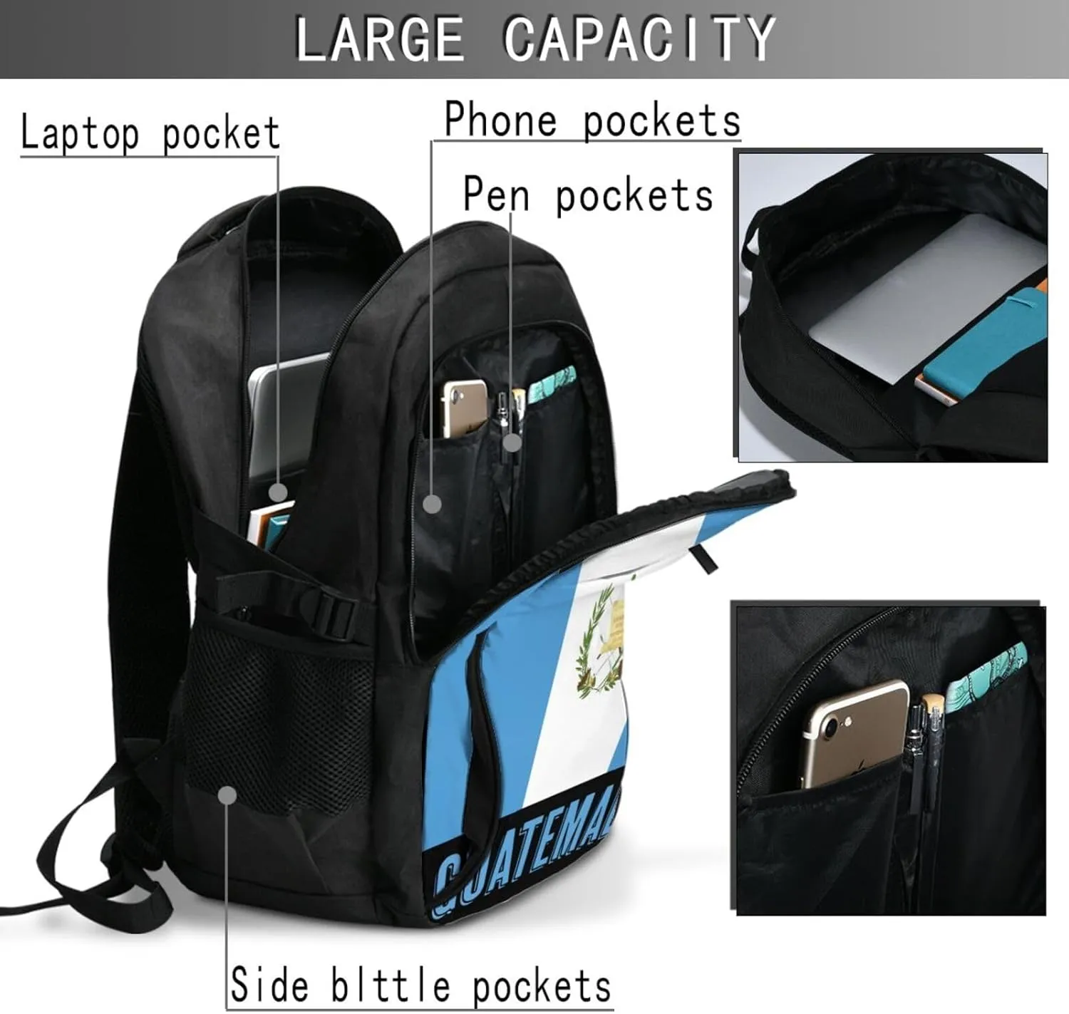 Guatemala Guatemalan Flag Business Laptop Backpack Travel Backpacks Outdoor Rucksack Large Bag Daypack with USB Charging Port Multi-Pocket for Hiking Camping