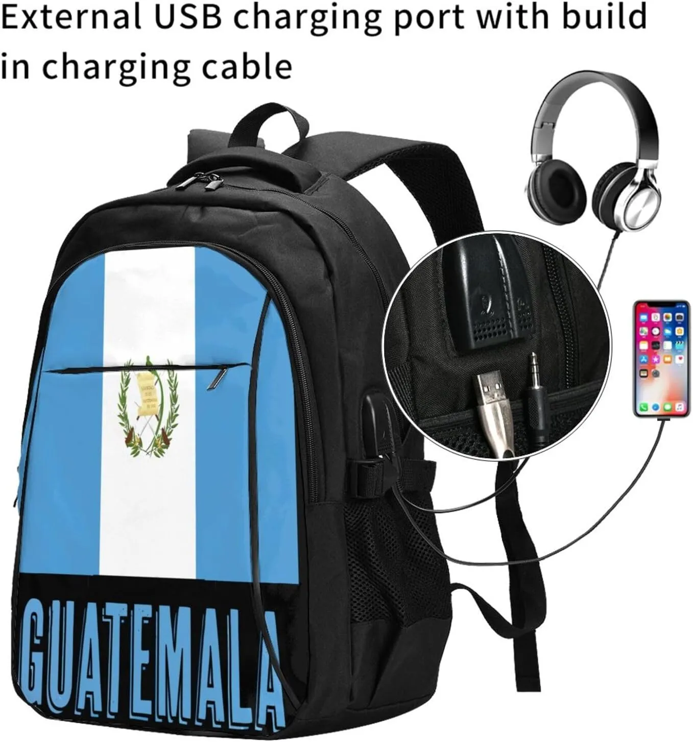 Guatemala Guatemalan Flag Business Laptop Backpack Travel Backpacks Outdoor Rucksack Large Bag Daypack with USB Charging Port Multi-Pocket for Hiking Camping