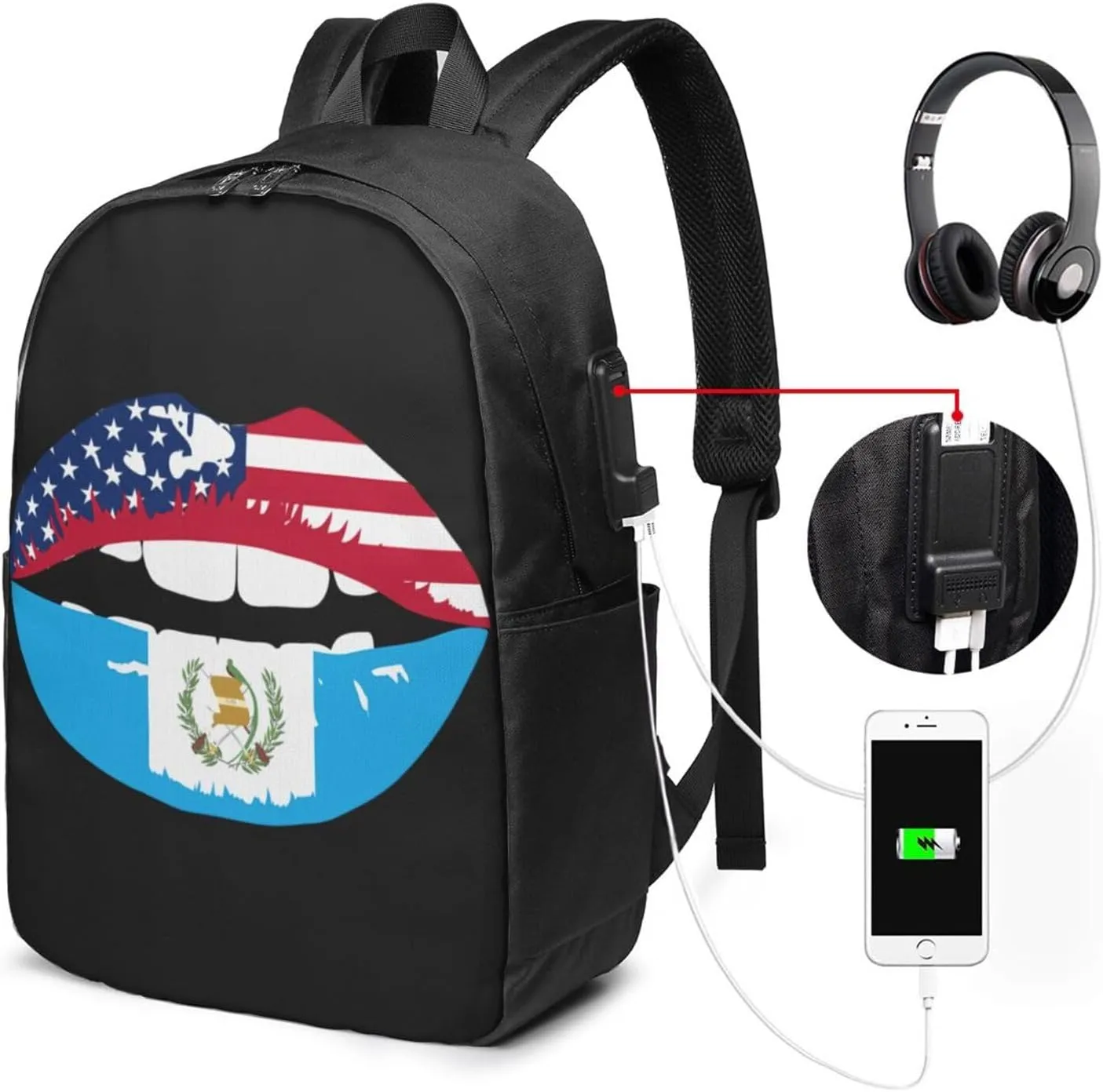 Guatemala Guatemalan Flag Lips Laptop Backpacks Travel Backpack Casual Business Daypack Sport Rucksack Computer Bag Fits up to 17 Inch Notebook with USB Port