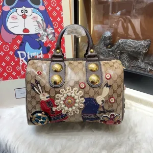 Gucci Boston Bag Beige Canvas Satchel with Embroidered Rabbits