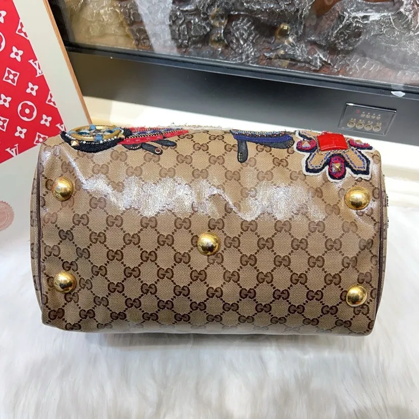 Gucci Boston Bag Beige Canvas Satchel with Embroidered Rabbits