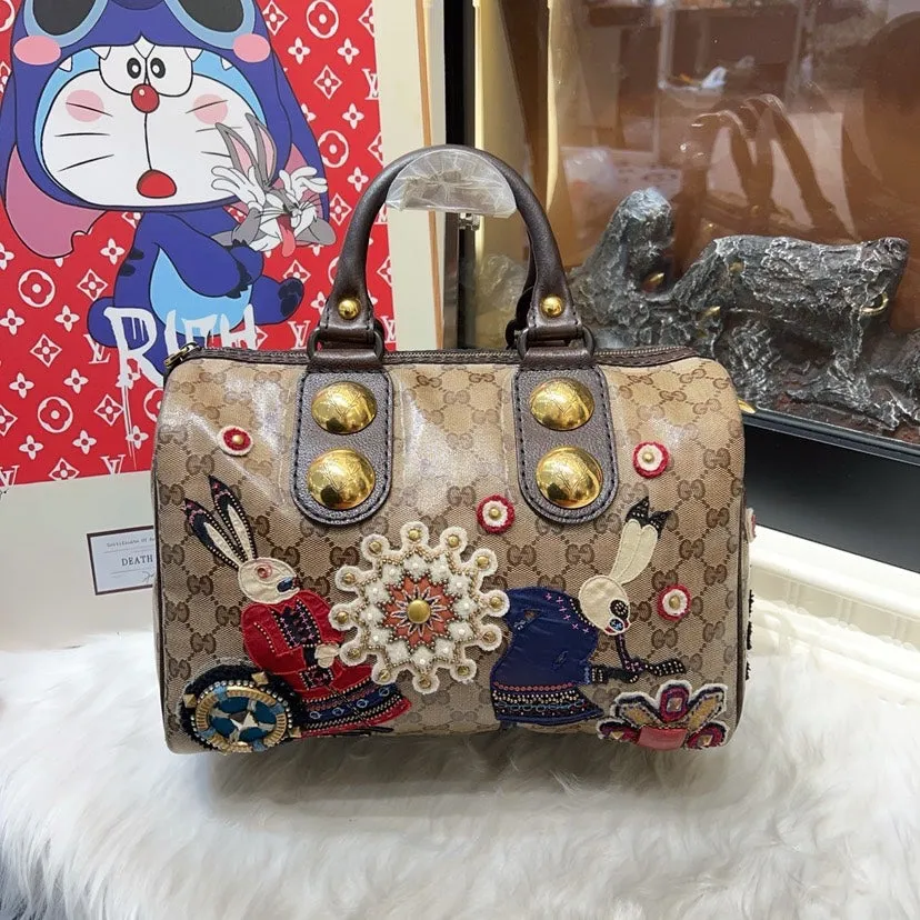 Gucci Boston Bag Beige Canvas Satchel with Embroidered Rabbits