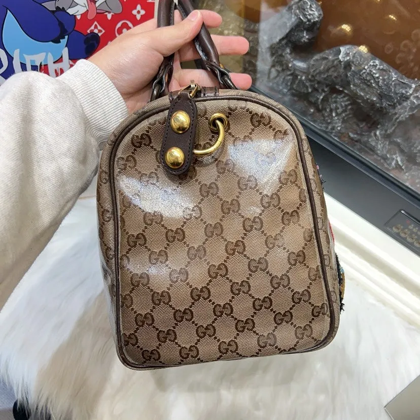 Gucci Boston Bag Beige Canvas Satchel with Embroidered Rabbits