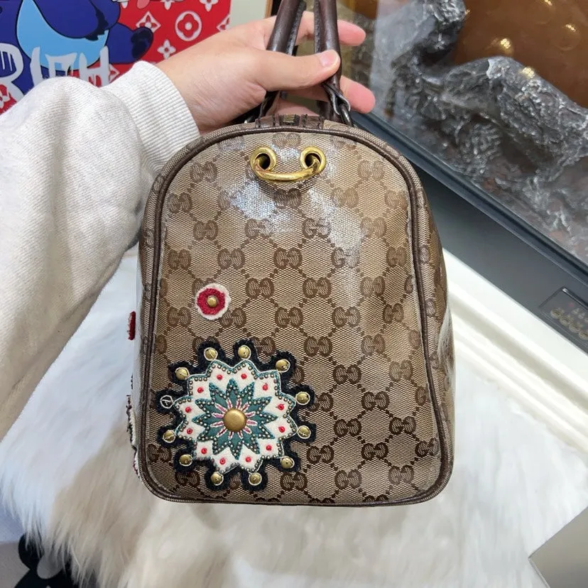 Gucci Boston Bag Beige Canvas Satchel with Embroidered Rabbits