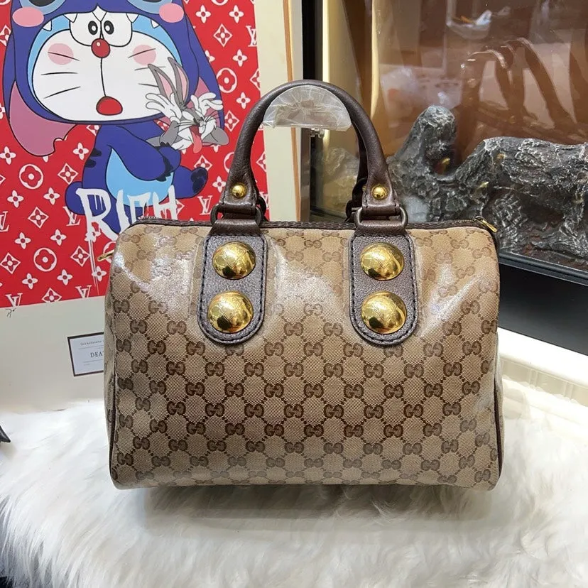 Gucci Boston Bag Beige Canvas Satchel with Embroidered Rabbits
