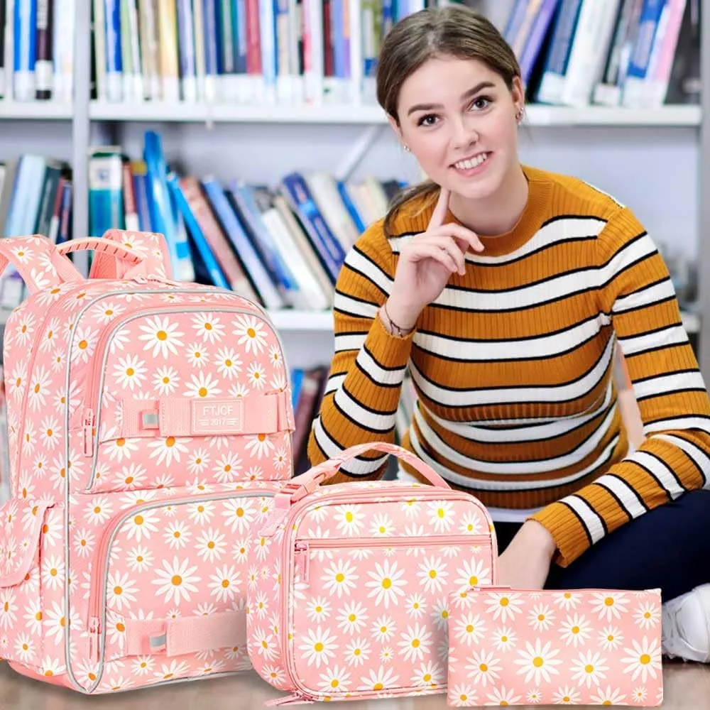 gxtvo 3PCS Girls Backpack, Water Resistant Womens School Bag With Lunch Box, 17 Inch Bookbag Set for College Teenagers.