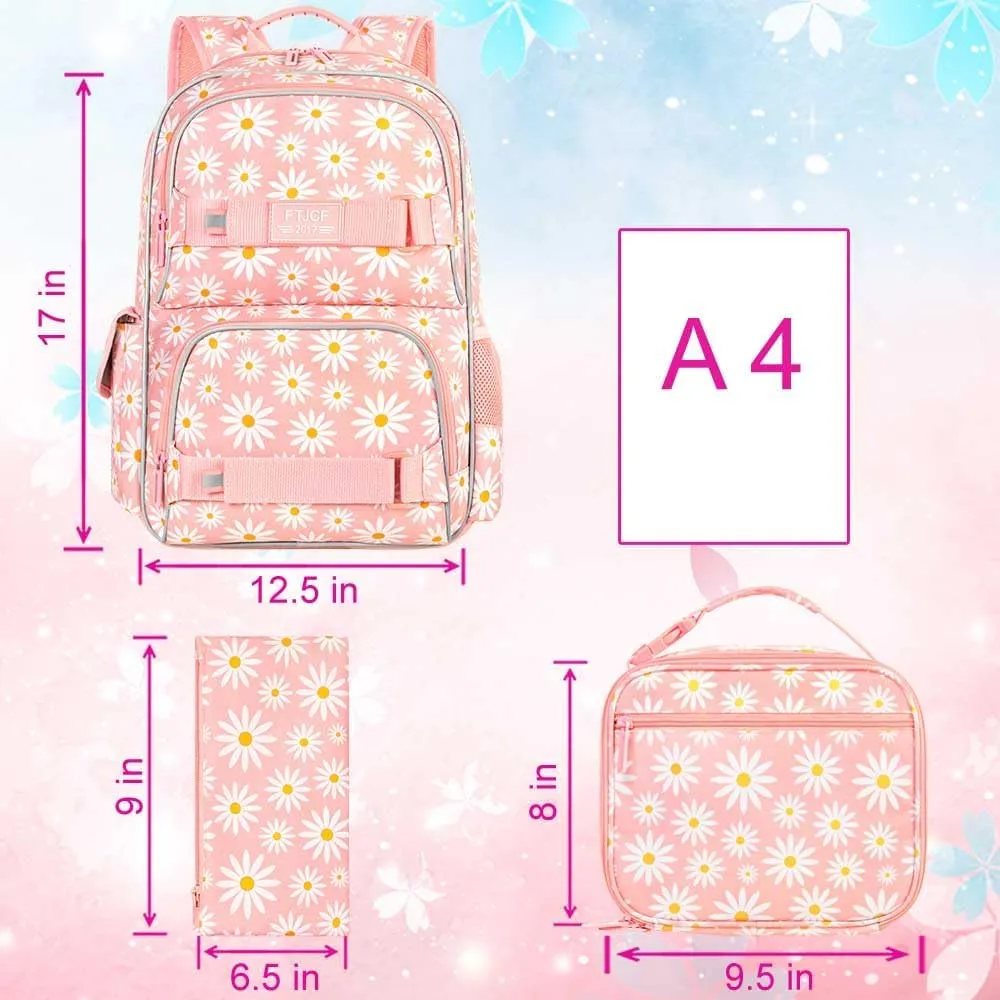 gxtvo 3PCS Girls Backpack, Water Resistant Womens School Bag With Lunch Box, 17 Inch Bookbag Set for College Teenagers.