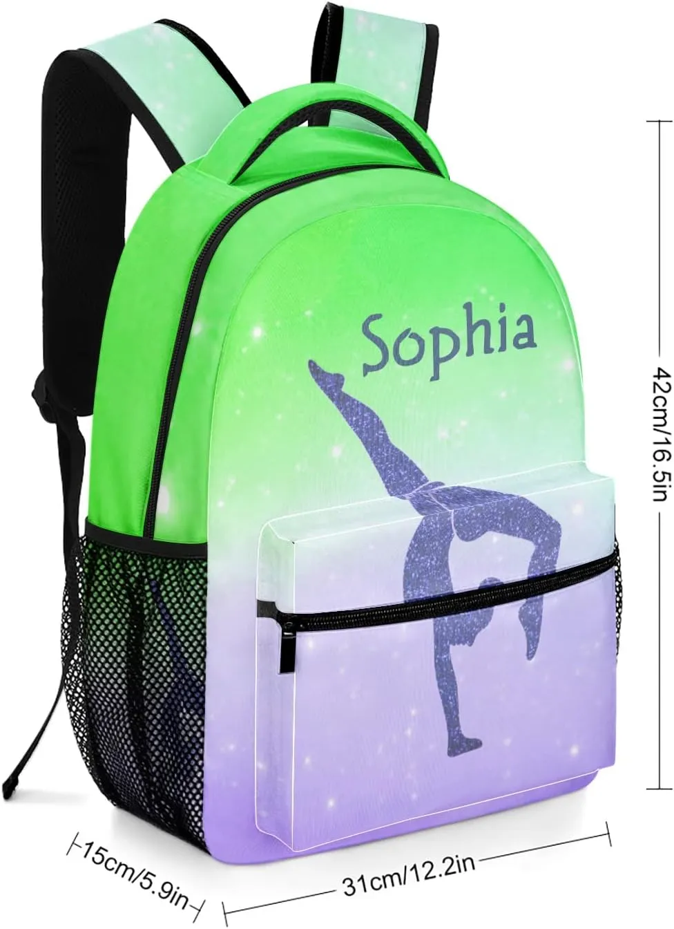 Gymnastics Leap Pastel Green Personalized Backpack Waterproof Shoulder Bag Casual Travel Daypack with Name