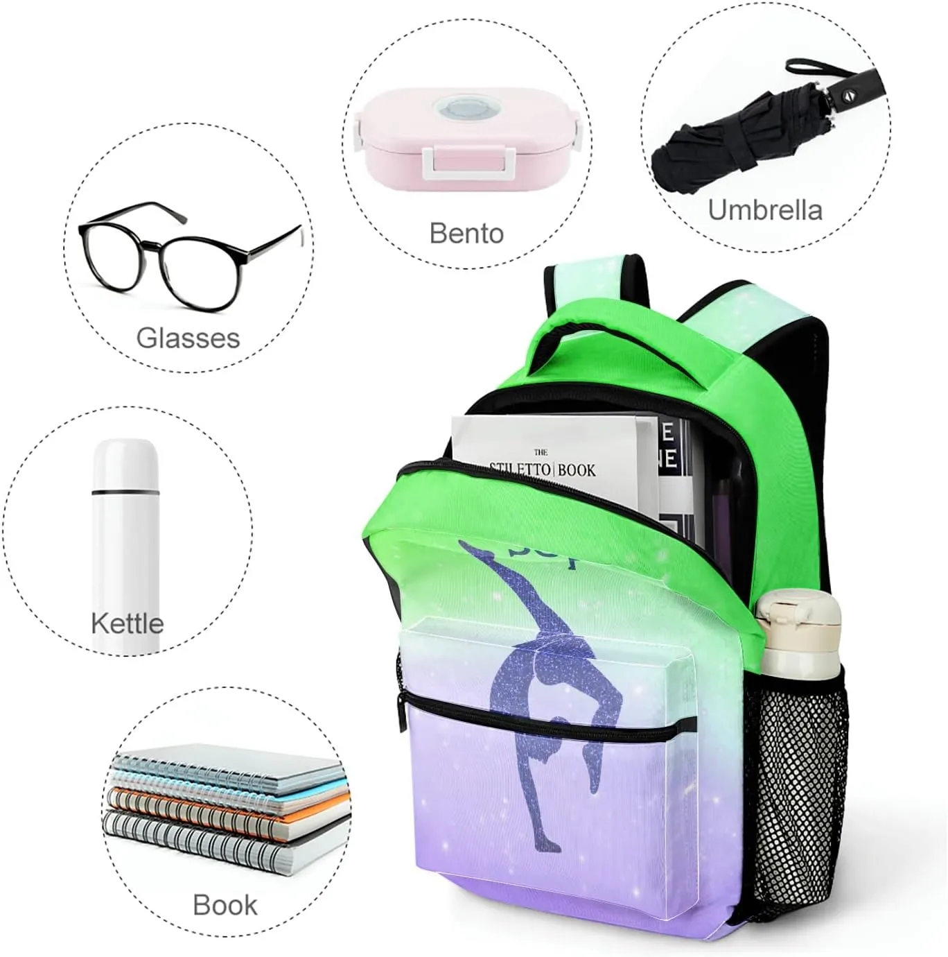 Gymnastics Leap Pastel Green Personalized Backpack Waterproof Shoulder Bag Casual Travel Daypack with Name