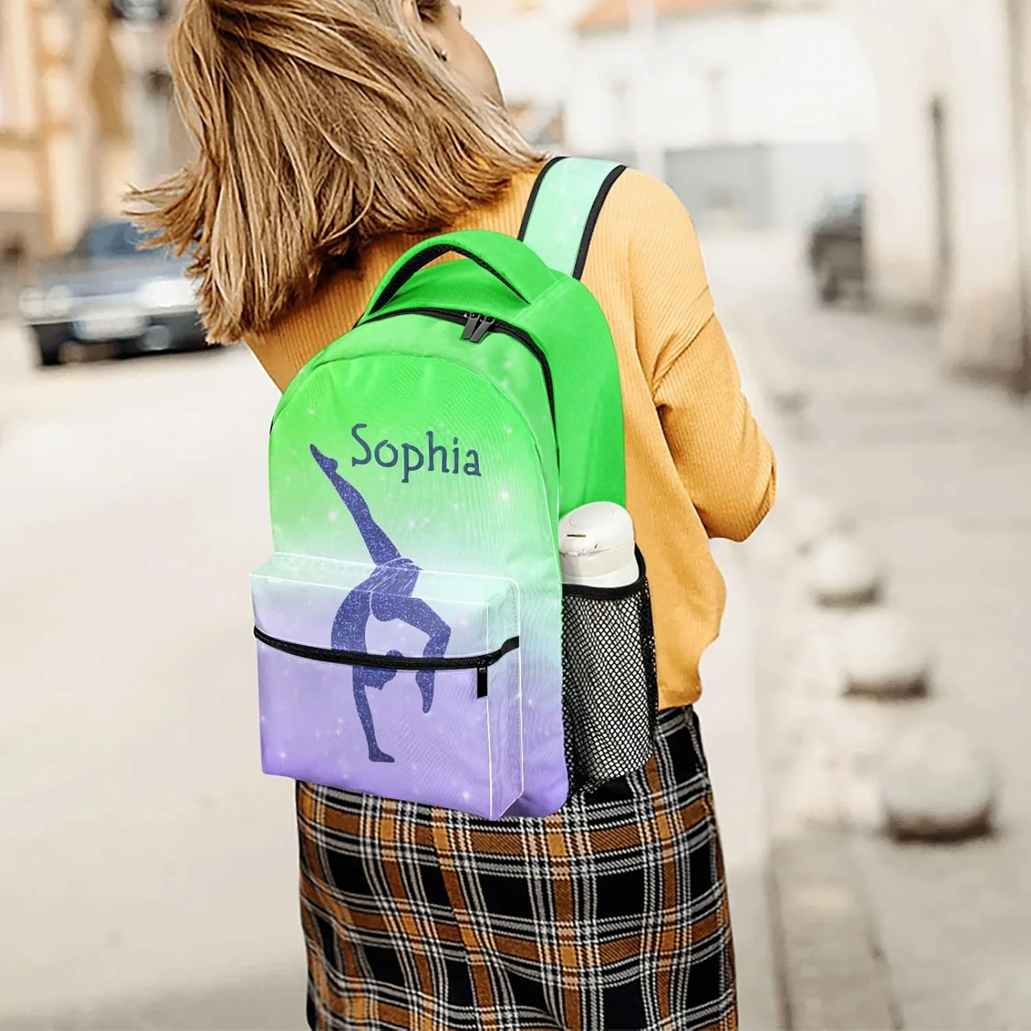 Gymnastics Leap Pastel Green Personalized Backpack Waterproof Shoulder Bag Casual Travel Daypack with Name