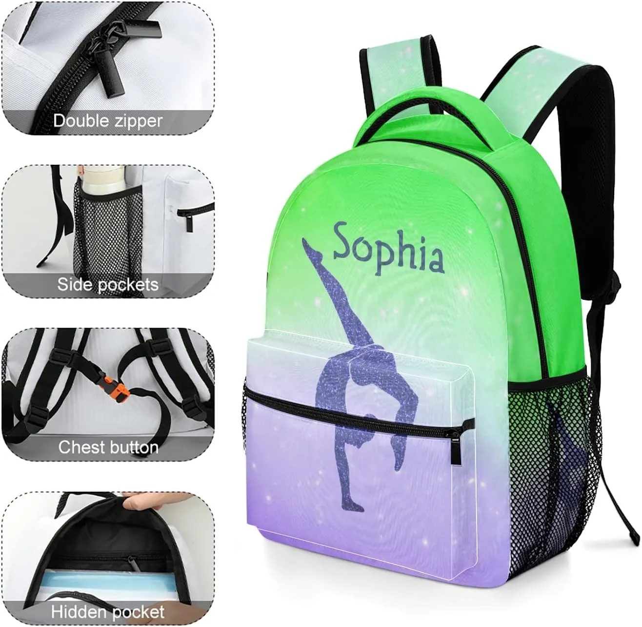 Gymnastics Leap Pastel Green Personalized Backpack Waterproof Shoulder Bag Casual Travel Daypack with Name
