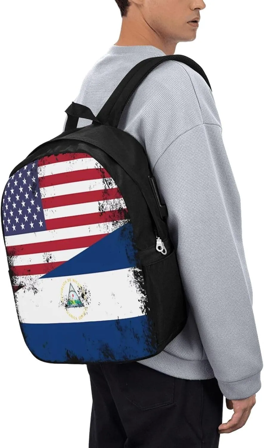 Half Nicaraguan Flag Design Vintage Nicaragua USA Laptop Backpacks Travel Backpack Casual Business Daypack Sport Rucksack Computer Bag Fits up to 17 Inch Notebook with USB Port