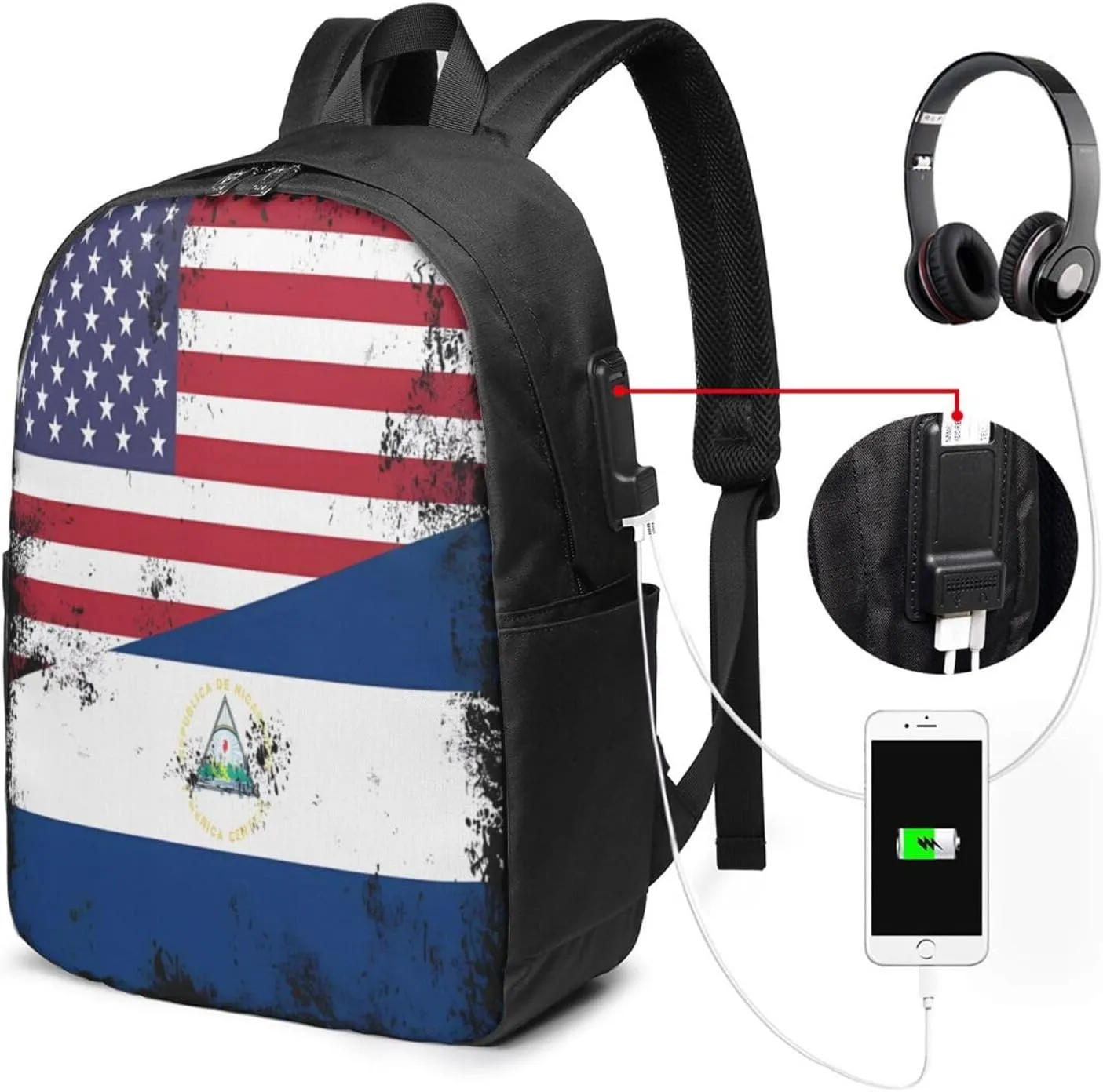 Half Nicaraguan Flag Design Vintage Nicaragua USA Laptop Backpacks Travel Backpack Casual Business Daypack Sport Rucksack Computer Bag Fits up to 17 Inch Notebook with USB Port
