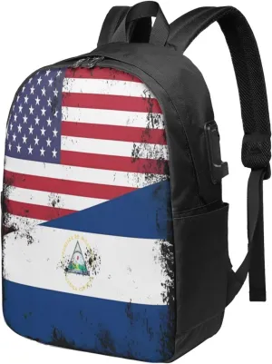 Half Nicaraguan Flag Design Vintage Nicaragua USA Laptop Backpacks Travel Backpack Casual Business Daypack Sport Rucksack Computer Bag Fits up to 17 Inch Notebook with USB Port