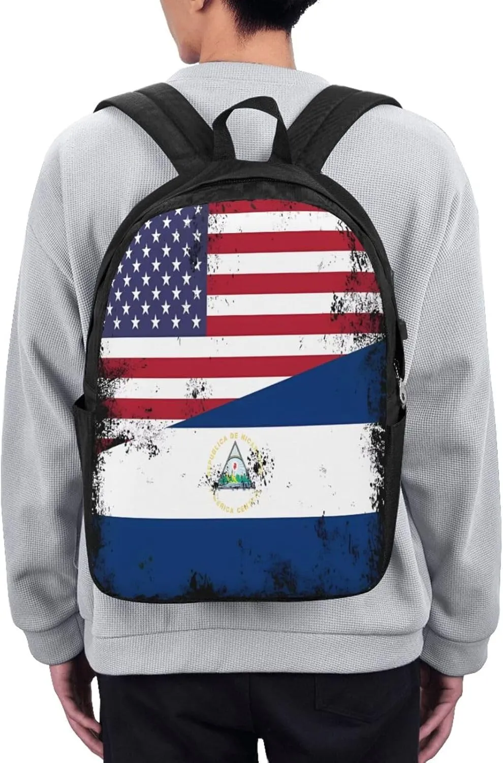 Half Nicaraguan Flag Design Vintage Nicaragua USA Laptop Backpacks Travel Backpack Casual Business Daypack Sport Rucksack Computer Bag Fits up to 17 Inch Notebook with USB Port